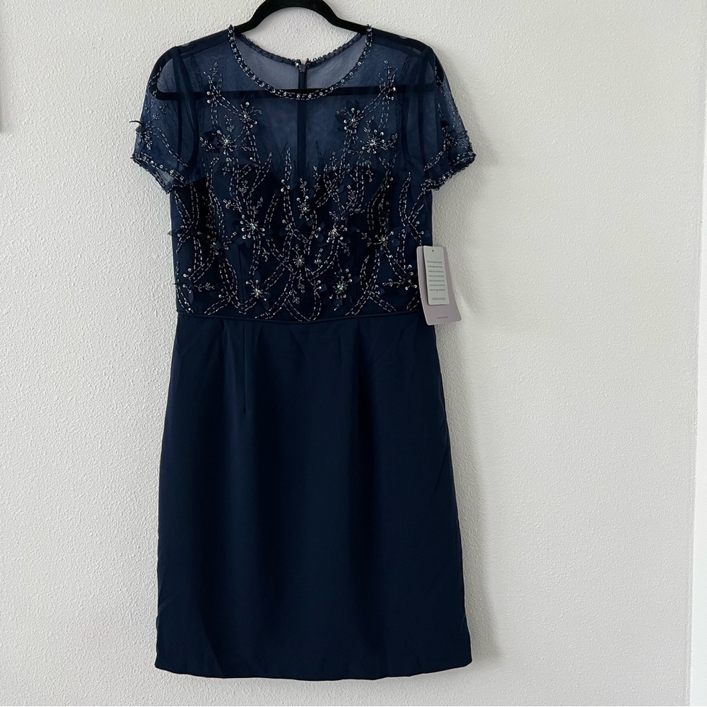 JS COLLECTIONS Navy Sheath Dress Sz 12 Beaded Short Sleeve Wedding Guest